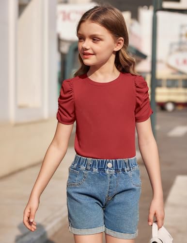 Image of Arshiner Girls Puff Short Sleeve Shirts Summer Ribbed Knit Crewneck T Shirt Tops Tee Blouse