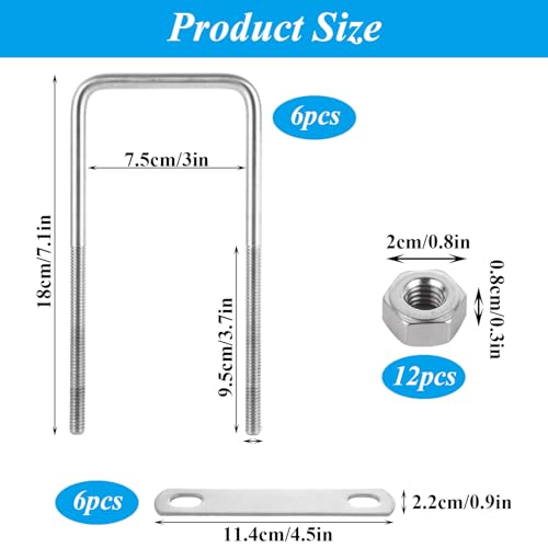 Image of 6 Pcs Square U Bolt (3 /8'' x 3'' x 7''), 304 Stainless Steel U-Bolts for Automobiles Trailer, Ski Boat, Sailboat, Trailer, Industrial Parts