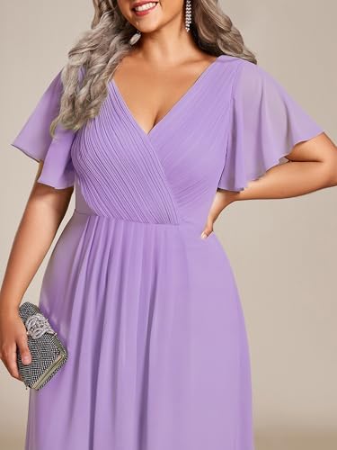 Image of Ever-Pretty Plus Summer Short Sleeves V-Neck Formal Wedding Guest Dresses for Curvy Women Chiffon Midi Cocktail Party Dress
