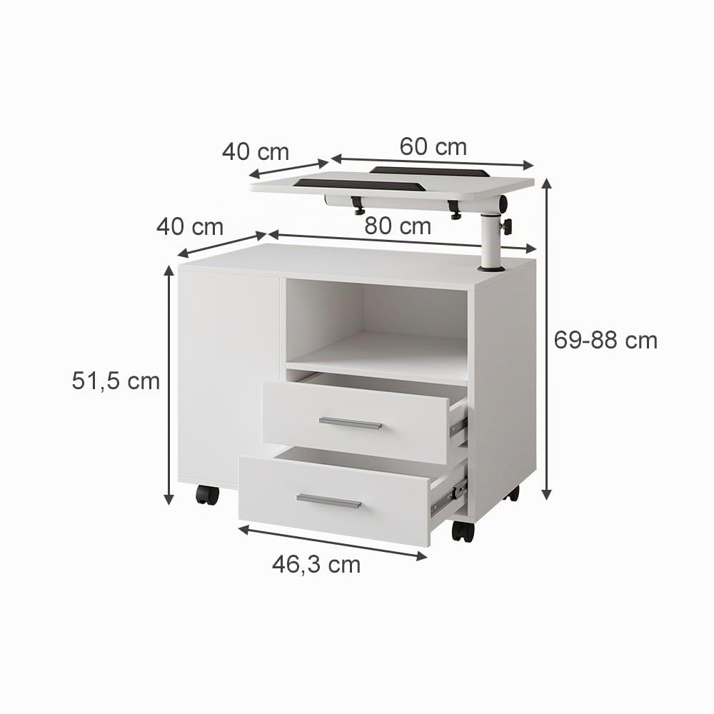 Vicco Mesilla de Noche Bora, Blanco, 80 x 88 cm | con superficie de trabajo ajustable, con tablero de trabajo giratorio y ruedas para un uso flexible