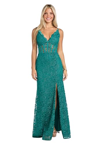 Morgan and CO. Women's Glitter Lace V-Neck Evening Gown W/Scalloped Illusion Corset Bodice & Slit - Cocktail & Party Style