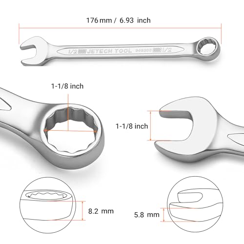 Image of Jetech 1 /2 inch Combination Wrench, SAE 12-Point Chrome Vanadium Steel Spanner, Industrial Grade with 15-Degree Offset, Sand Blasted Finish, Heat-Treated Forged Tool