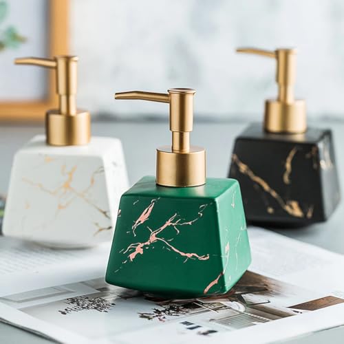 Image of Luxury Ceramic Soap Dispenser (Luxe Green) - 300 ml Matte Glazed with Gold Marbling Triangular Refillable Lotion & Handwash Pump Bottle for Bathroom, Kitchen Sink & Wash Basin Decor