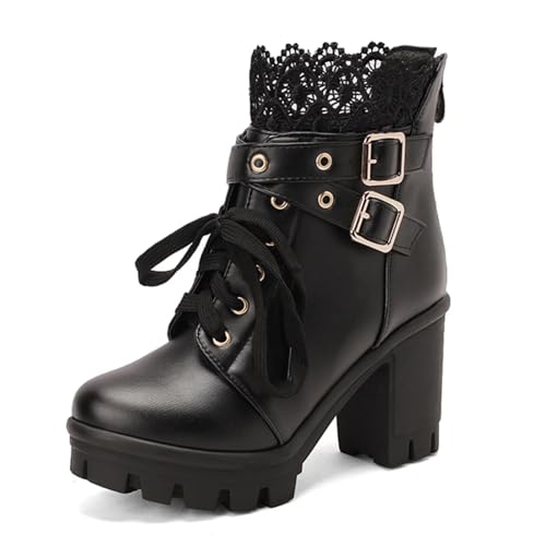 MEOTINA Goth Platform Boots Lace Buckle Gothic Cosplay Booties Chunky High Heels Ankle Boots Zipper Punk Shoes