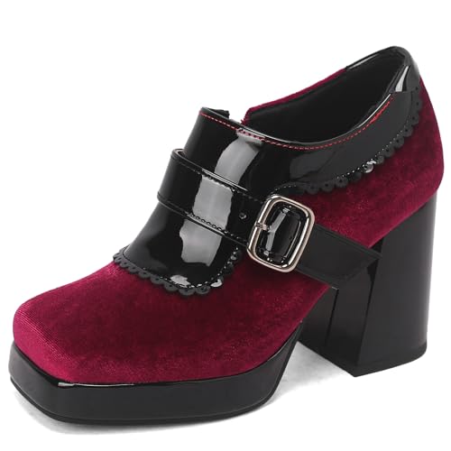 Women's Vintage Mixed Colors Oxfords Shoes Block Heel Square Toe Slip On Ruffles Brogue Pumps