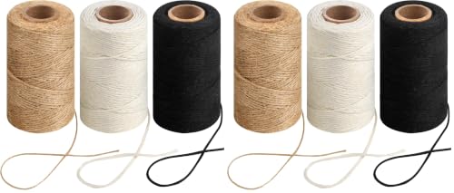 Image of 984 Ft Twine String, Natural Jute Twine, 2mm White Cotton Rope, 10ply Black Cotton for Crafts, Art, Gardening Plants, Gift Wrapping, Decoration, Packing String Bulk(3 Rolls) (Pack of 2)