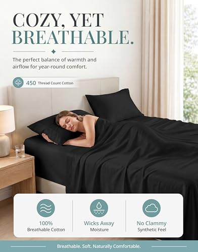 Image of LANE LINEN Cali King Sheet Set - 450 Thread Count Premium Sateen Weave for Silky Feel On Skin - Cooling Sheets for Deep Sleep - Securely Fits Mattresses Upto 15'' Deep - Oeko Tex Certified - Black