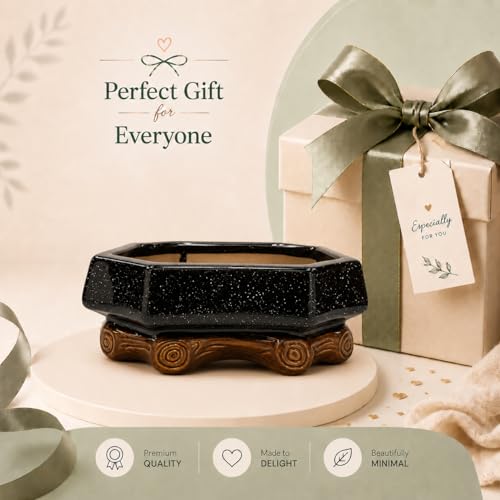 Image of Xtore Refined Rustic Ceramic Bonsai Planter Pot for Indoor & Tabletop Decor | Handcrafted Wide Bowl with Wooden Base Stand for Succulents, Zen Gardens & Home Styling (Pack of 1,Planter Only)