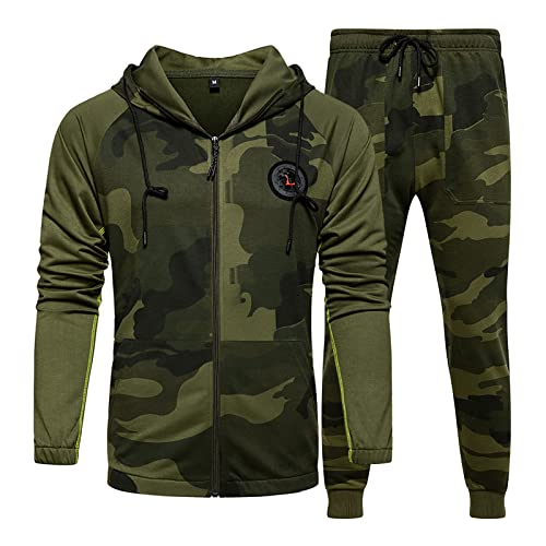SoonerQuicker Jogginganzug Herren Camouflage Baumwolle mit Kapuze Fussball Trainingsanzug Männer Cotton Set Hoodie Zip Sportanzug Herren Freizeit Lang Jogginganzug Herren Tarnmuster Cover