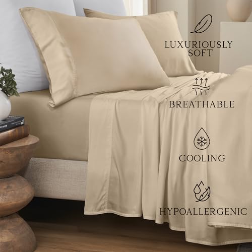 Image of KARISSA MAE Luxury Bamboo Viscose Twin Size Sheet Set | FSC Certified | Cooling | Ultra Soft | 18 inch Deep Pockets | Elastic Corner Straps | Includes Organizer Band [Wheat]