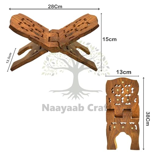 Image of Naayaab Craft Handmade & Handcraft Rehal Sheesham Wood Holy Book Stand Holder for Bible, Geeta, Quran in Folding and Carved Design Book Holder Display Stand - Size (15 Inch)