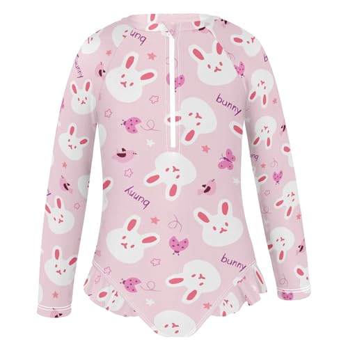 Cute Simple Bunny Pink Prints Girls One Piece Rash Guard Swimsuit, Girls Long Sleeve Swimwear for 3-12Y2