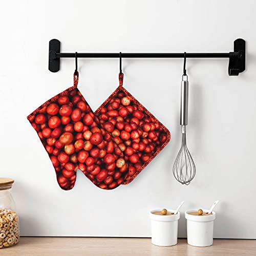Red Round Fruits Printed Oven Mitts And Pot Holders Sets Non-Slip Anti-Scalding Glove Mitt For Cooking Kitchen Mitt Potholders 2 Piece Set #TOP6