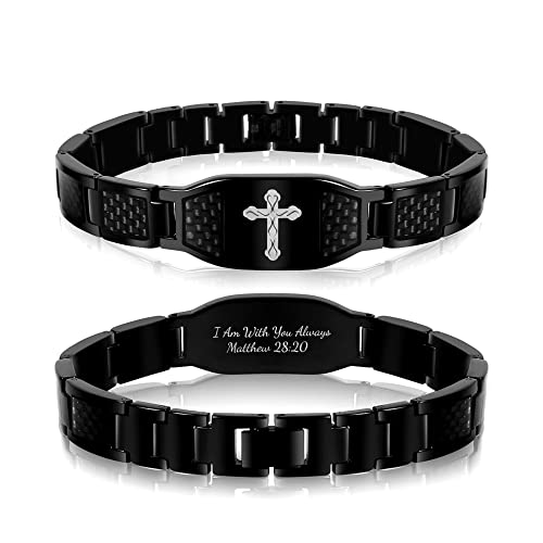 Krfitya Religious Bible Verse Bracelet, Stainless Steel Engraved Inspirational Christian Quote Faith Link Bracelet, Carbon Fiber Cross Jewelry Gift For Men #TOP2