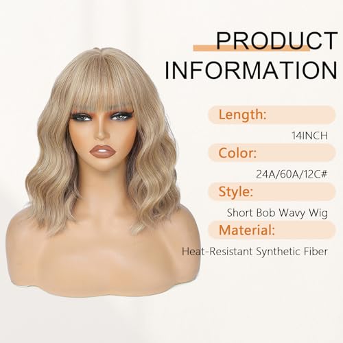 Image of AGO Mixed Blonde Bob Wavy Wigs with Bangs, Short Grey Blonde Bob Wig Loose Wave Synthetic Hair Heat Resistant Fiber Synthetic Wig for Daily Party Halloween Cosplay Use(Mixed Blonde)