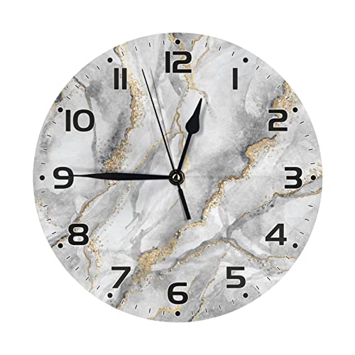 Fovanxixi Golden Grey Marble Wall Clock Silent Non Ticking 10 Inch Quartz Battery Operated Vintage Round Clock Home Decor for Kitchen Living Room Bedroom Bathroom Office