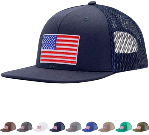 Image of Men Flat Bill USA Flag Mesh Hat Fits OSFM&XXL Head | Snapback Trucker Cap | 250th US Anniversary Veterans Memorial Day Gifts