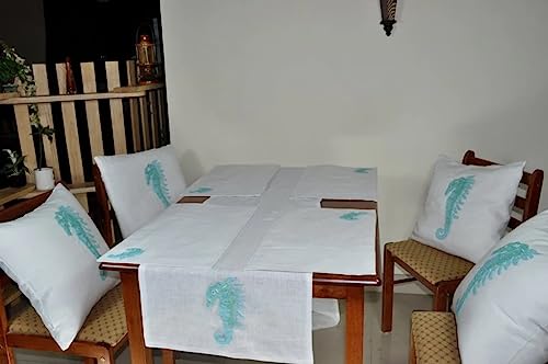 Ensemble de dessus de table en lin avec hippocampe brodé pour décoration de salle à manger