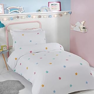 Sleepdown Tufted 3D Stars White Multicolour Kids Boys Girls Childrens Soft Cosy Easy Care Duvet Cover Quilt Bedding Set with Matching Pillowcase - Single (135cm x 200cm)
