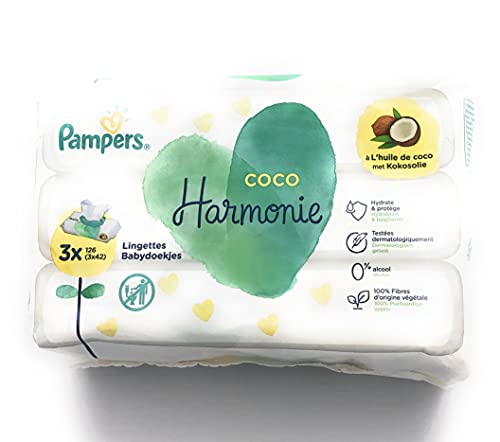 Pampers - Toallitas de coco armonía, con 100 % fibras de origen vegetal y sin alcohol ni colorante, juego de 3 x 42 toallitas (total 126 toallitas)