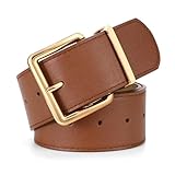 LEACOOLKEY Cinturón ancho para mujer para vestidos de cuero grueso con hebilla grande dorada, marrón, 120cm(Misura vita 95cm-104cm,Foratura completa)