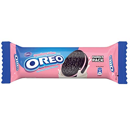 Image of Oreo Cadbury Chocolate Strawberry Creme Biscuit,120 Gm - Refined Wheat Flour,Sugar,Palmolein,Starch, Leavening Agents (500(Ii) ,503(Ii),Edible Salt,Emulsifier (322)