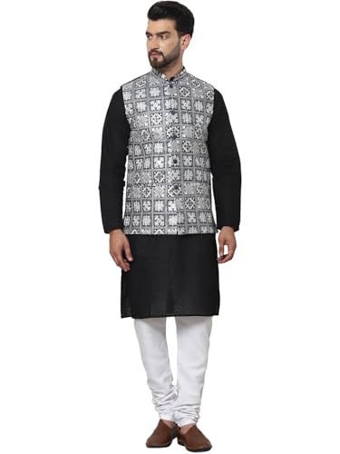 Image of SOJANYA (Since 1958 Men's Cotton Chikankari Kurta and White Pyjama with Embroidered Nehru Jacket