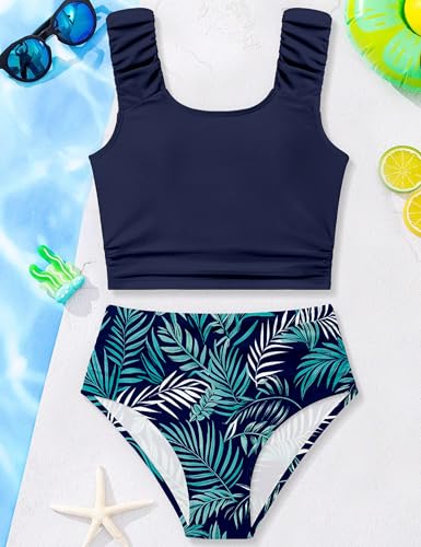 Image of Girls Tankini Swimsuit 2 Piece Bathing Suit Twist Cross Back Cutout Swim Tank Top Floral Print Swimwear for 7-18Y
