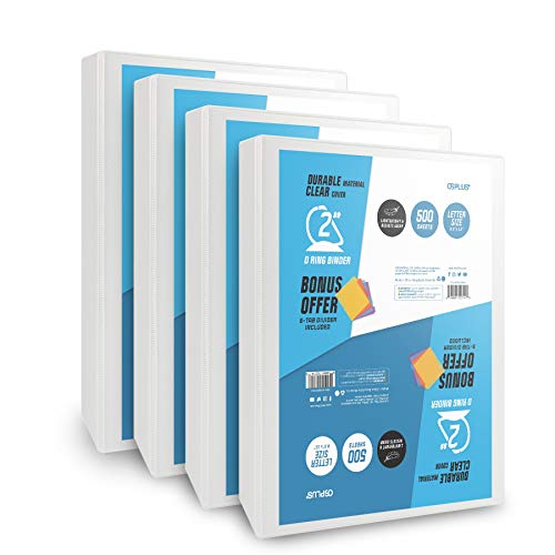 OS Plus 2 Inch Durable View D-Ring Binder White, 4 Pack. Bonus 5-Tab Dividers Included