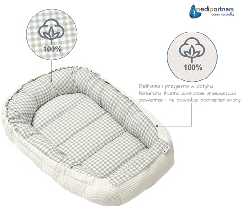 Dwustronny Kokon dla niemowląt 100% Bawełna Wafel 100x60x15cm Antyalergiczne wypełnienie Medi Partners Bezpieczne zapięc