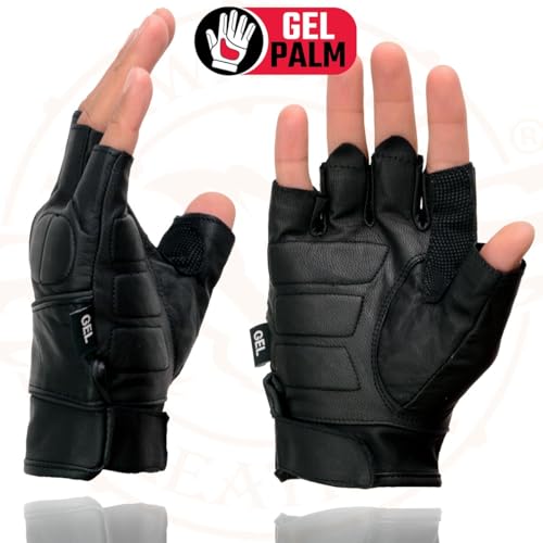 Image of Milwaukee Leather SH198 Men's Black Flame Embroidered Fingerless Gloves with Gel Palm | Padded Comfort; Vibration Relief; Flame Embroidery