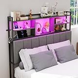 WATHPUR 54.8' Tall Headboard Queen Size with 3-Tier Storage Shelves, Linen Upholstered Head Board with USB & Type C Port & LED Light, Soft Backrest for Queen Size Bed, Headboard Only