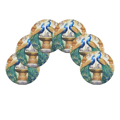 Image of LaVichitra Cotton Table Placemat | Dining Table Mat | Bed Side Table Mat | Cotton Round Shape Placemats | Washable PlaceMat for Shelves & Plant Pots - Pack of 6, Duet Peacocks