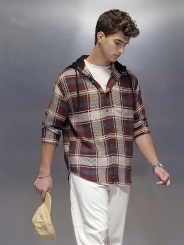 Image of WROGN Men's 100% Cotton Hooded Shirt | Herringbone Checkered | Oversized Fit