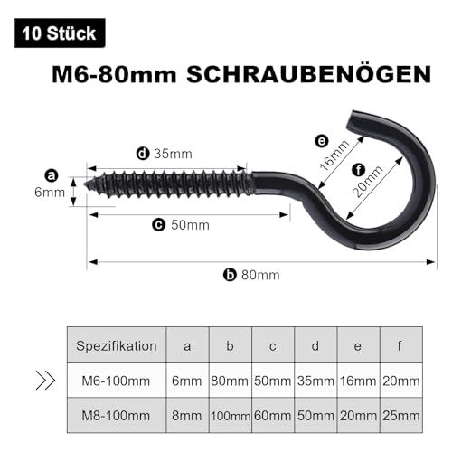 Schraubhaken M6x80mm Schwarz, 10 Stück Deckenhaken Edelstahl, Schwer Hakenschraube Groß, Haken zum Schrauben, Geeignet für Hängematten, Markisen, Hängesessel, Schaukelstühle, Festkabel, Blumenampel