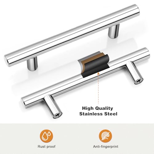 Image of Probrico 5 Pack| Chrome Cabinet Pulls 4 inch Hole Centers, Polished Chrome Cabinet Hardware Stainless Steel Kitchen Cabinet Handles Dresser Pulls T Bar Style