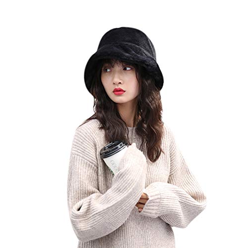 Ankomina Women Girls Fashion Faux Fur Bucket Cap Ladies Wide Brim Fluffy Winter Warm Fisherman Hat Black #TOP2