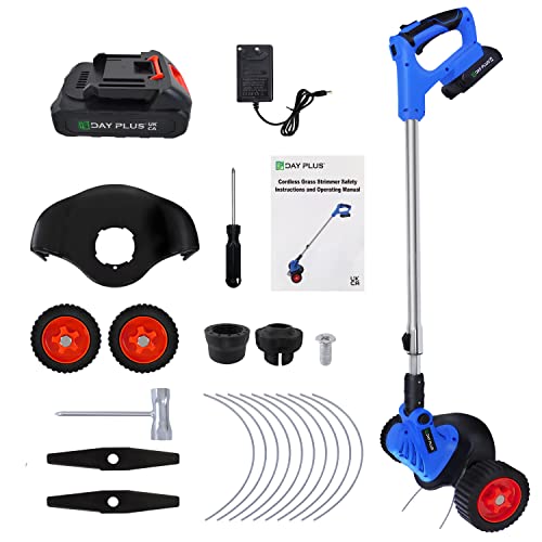 Coupe-bordures sans Fil 21V, Coupe Bordures sur Batterie Livré avec 2 Couteaux en Nylon & 10 Bobines de Fil(28cm), Coupe Herbe Sans Fil avec Batterie et Chargeur, Tube Télescopique, Débroussailleuse Cover
