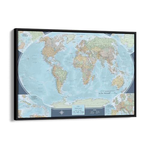 Image of Signature World Map with Pins - Personalized Travel Canvas - Detailed World Wall Art - Black Float Frame - 24 inch x 36 inch