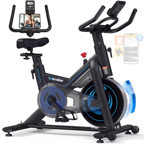Wenoker Bicicleta estática para uso en gimnasio en casa con pantalla LCD, bicicleta estática silenciosa para interiores con aplicación, 0-100% de resistencia magnética, bicicleta de fitness para