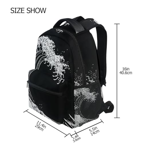 Japanese Waves Black Backpack Daypack Shoulder Bag Book Bag Lightweight Back Pack 12 ×16.9 In4