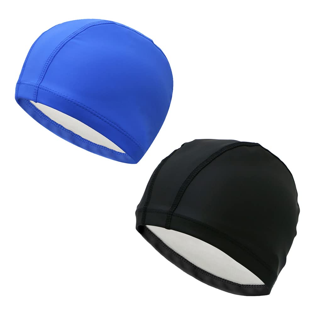 PU Coated Swimming Cap, Waterproof Flexible Swim Hat for Adults Ear Protection, Knitted Fabric, Universal Fit (Black + blue)