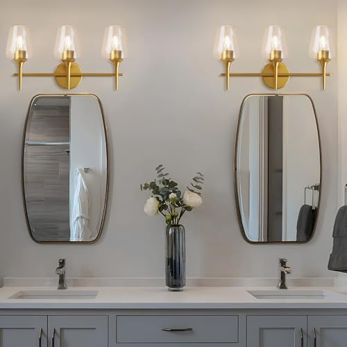 Image of 22 Inch 3-Light Gold Bathroom Vanity Light Fixtures | Wine Glass Clear Glass Wall Sconce, Modern Wall Mount Light for Bathroom, Hallway, Bedroom