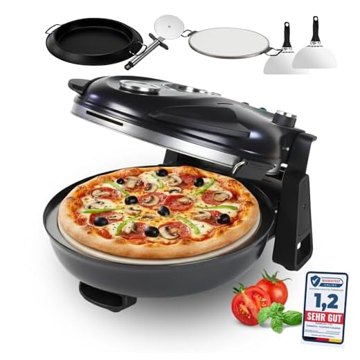 Sommertal PizzaProfi Pizzaofen elektrisch – Pizza Ofen mit 32cm Steinplatte, schnelle 3-Minuten Pizza, bis 400°C – 5-teiliges Set mit Pfanneneinsatz, 2x Pizzaschieber, Schneider, Pizzastein