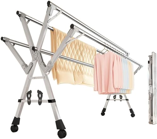 Tendedero plegable grande, 5 varillas extensibles, móvil sobre ruedas, ganchos resistentes al viento y almacenamiento de zapatos, perfecto para uso en interiores y exteriores