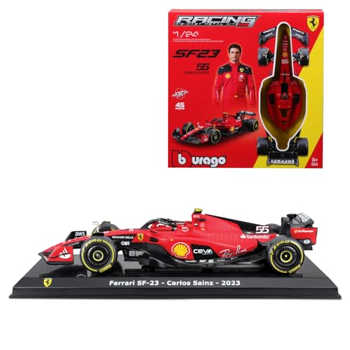 Bburago - Ferrari SF23 F1 2023#Sainz Kit À Monter avec Casque Et Support - Voiture Miniature De Collection en Métal À L’Échelle 1/24 - Modèle Réduit Officiel Formule 1 Saison 2023 - Edition Collector