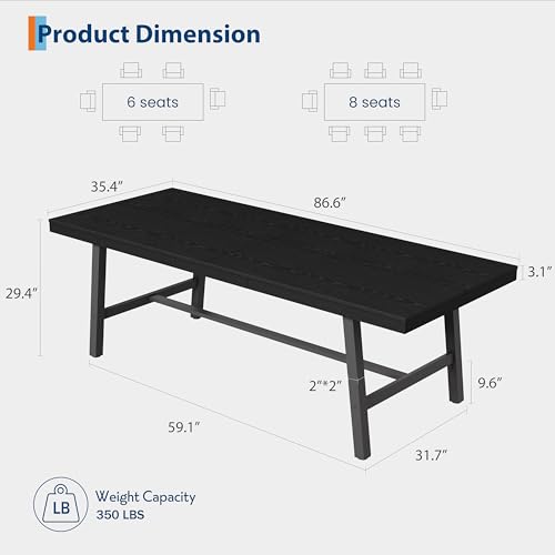 Image of GarveeHome Industrial Dining Table for 8-10 People, 86.61 inch Long Large Kitchen Table with Sturdy Metal Frame, Rectangular Counter for Dinner, Kitchen, Dining Room (Black, 87 inch Non-extendable)