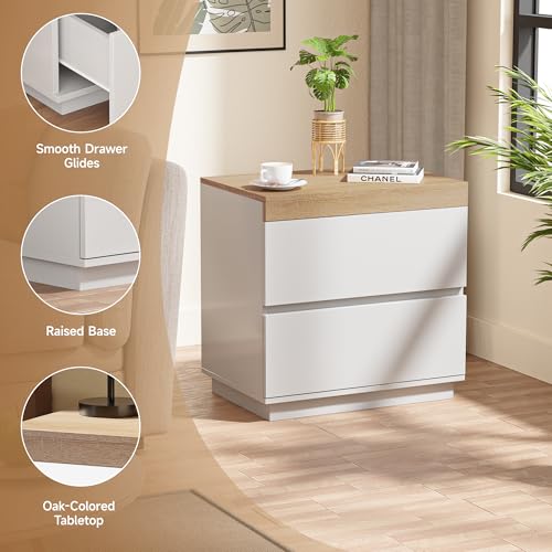 Image of Nightstand Set of 2 with Oak Top, 23.7 inch White Night Stand with 2 Drawers, Modern Bedside Table Wood End Table for Bedroom