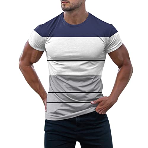 Camiseta de manga corta para hombre, de verano, básica, cuello redondo, a rayas, color bloque de algodón, camiseta moderna de corte regular, marine, M Cover