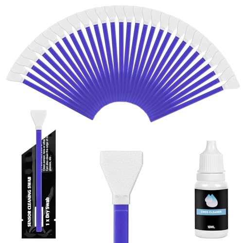 AYESY Kit de Limpieza Sensor Full Frame con 30 Piezas Hisopos de Limpieza de Sensor de Fotograma Complet 24mm+10ml Kit de Limpieza para Cámaras Líquidos de Limpieza para Objetivo Filtros DSLR Móvil A
